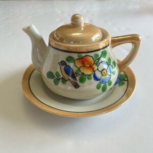Vintage Japanese Lusterware Hand Painted Mini Tea Pot Saucer See Bird Motif
